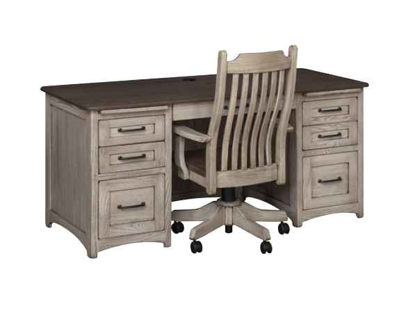 66-inch desk with 3 drawers on each side, 1 center keyboard drawer and office chair on casters (sold separately).