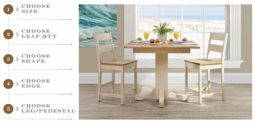 1) Choose size; 2) Choose keaf qty; 3) Choose shape; 4) Choose edge; 5) Choose leg/pedestal.