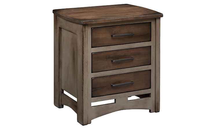 Duo-tone finish nightstand with 3 drawers.