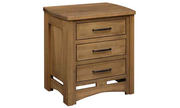 3-drawer nightstand in medium wood finish.