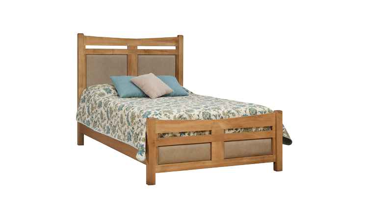 Queen-size bed with bonded leather inserts in headboard and foot board.