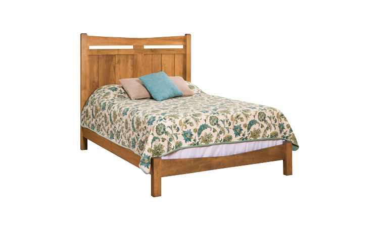 Queen size bed with tall headboard.