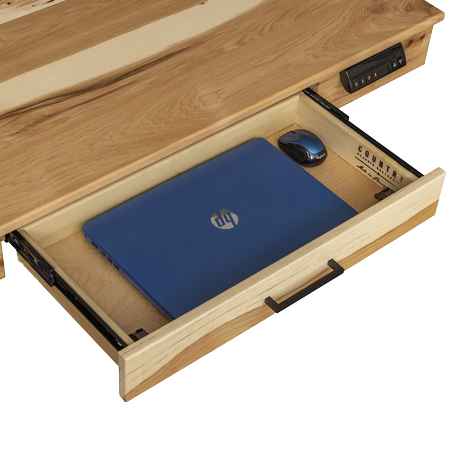 Closeup of open Lift Top desk drawer with laptop and mouse (not included).