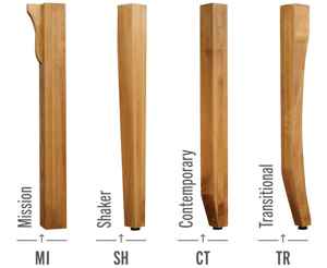 Closeup of Mission, Shaker, Contemporary, and Traditional leg styles.