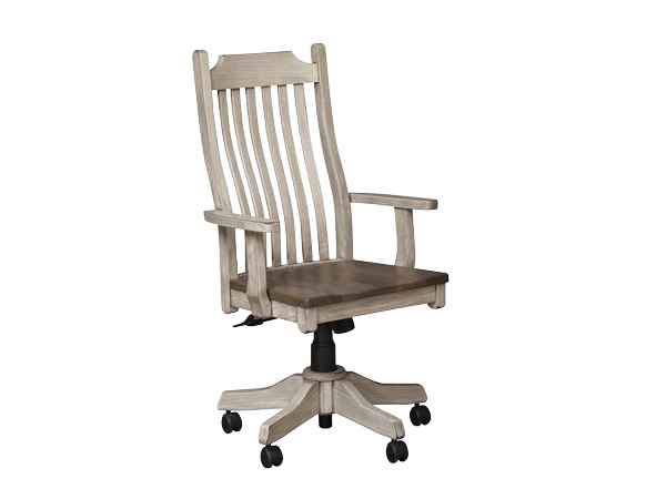 2-tone wood office chair with casters and gas lift.