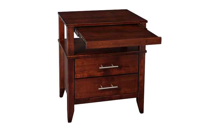 Nightstand with 2 drawers, showing open pullout tray.