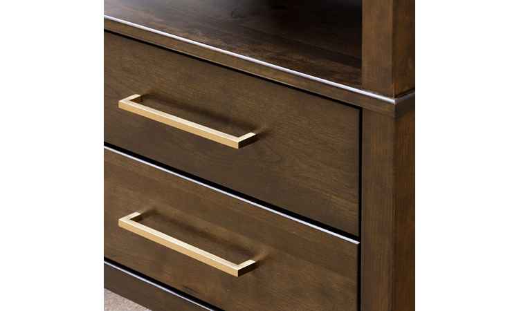 Closeup view of drawer front with hardware.