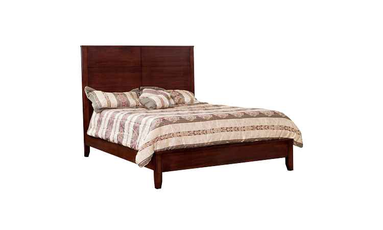 Queen size bed with headboard and low foot board in dark wood finish.