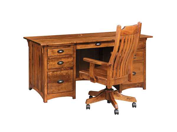 Large desk with 3 drawers on each side, center keyboard drawer, and office chair (sold separately).