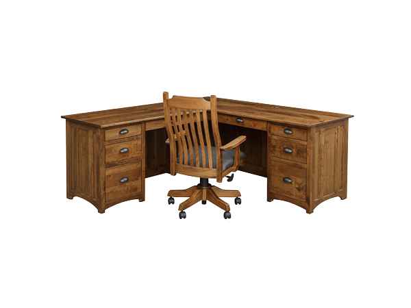 L-shaped desk with office chair (sold separately).