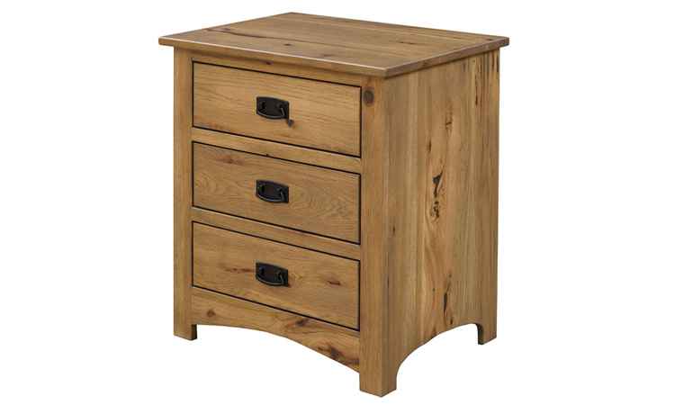 Nightstand with 3 drawers, medium wood finish.