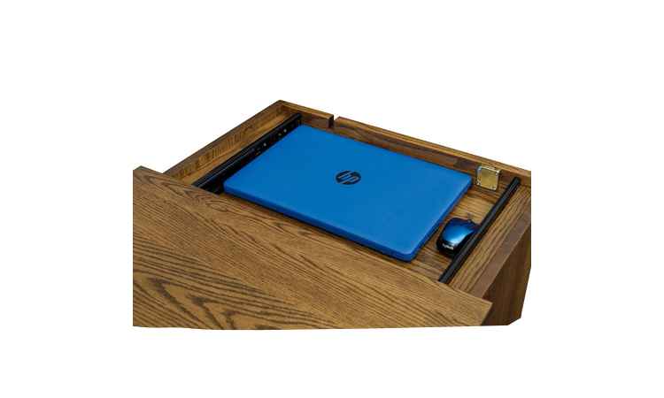 Open slideout night table drawer with laptop (not included).