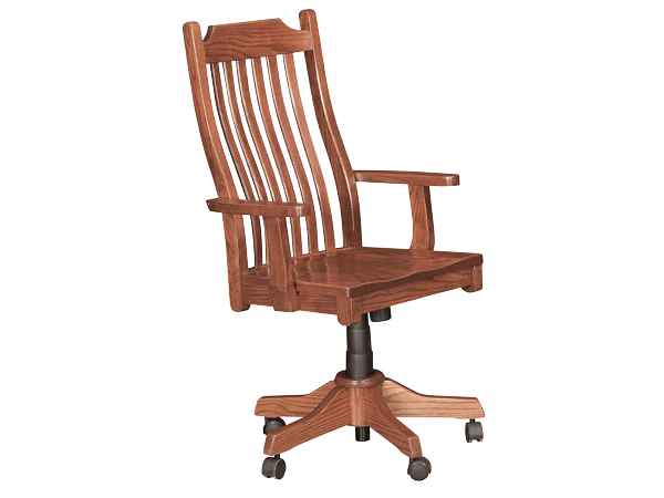 Medium wood tone finish hardwood office chair with casters.