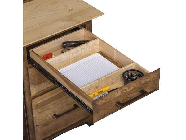 Closeup view of open pencil drawer with 3 compartment.
