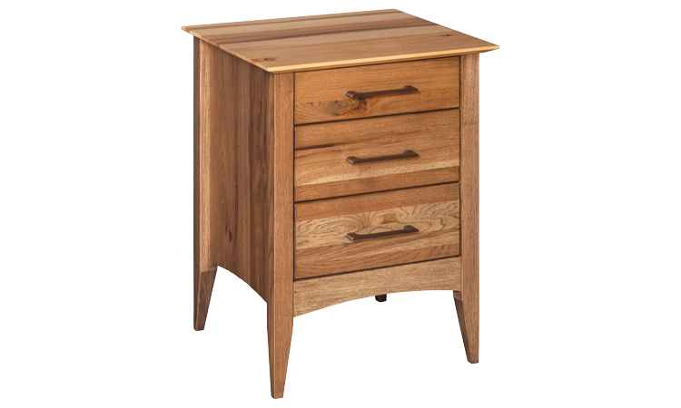 Light finish 3 drawer nightstand.