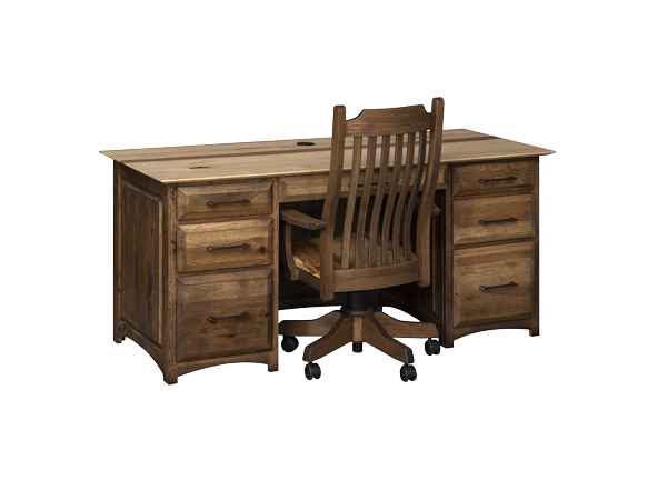 66-inch wide desk with 3 drawers on each side and 1 center keyboard drawer, with office chair (sold separately).