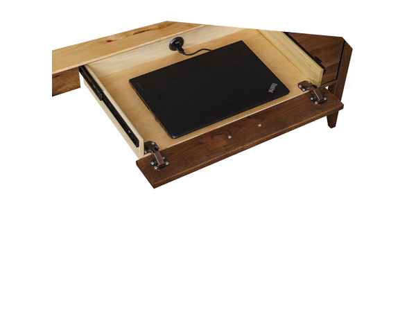 Closeup of open keyboard drawer with USB port.