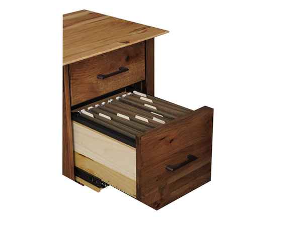 Closeup of open file drawer.
