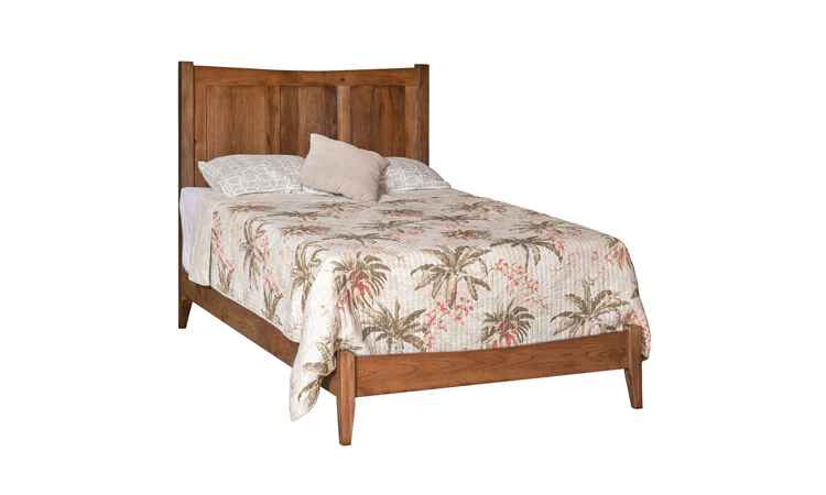 Full size bed with tall headboard and low foot board.