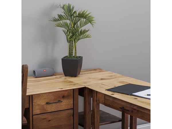 Closeup view of desk corner.