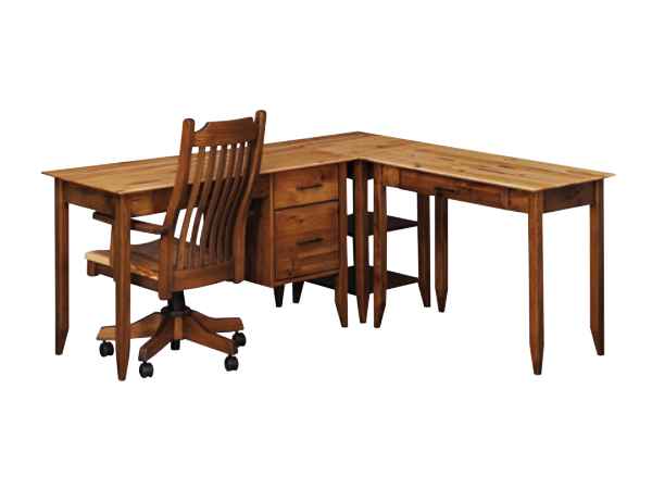 Large L-shaped desk with office chair (not included).
