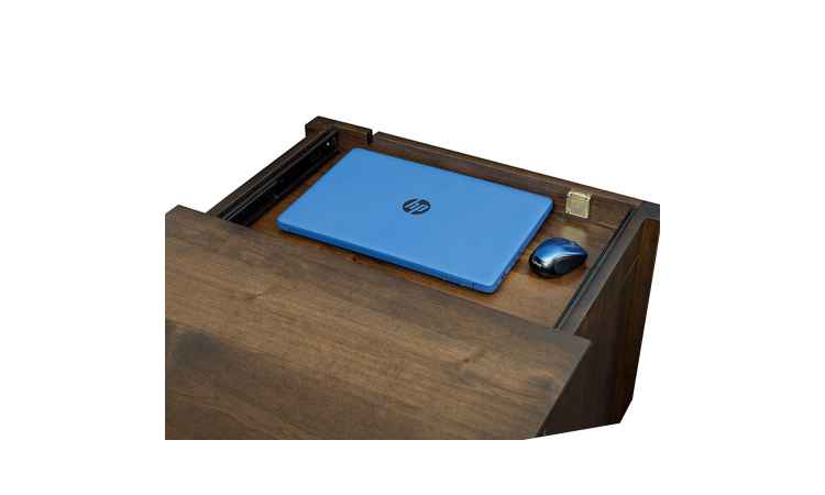 Closeup view of open slide out top with laptop (not included).