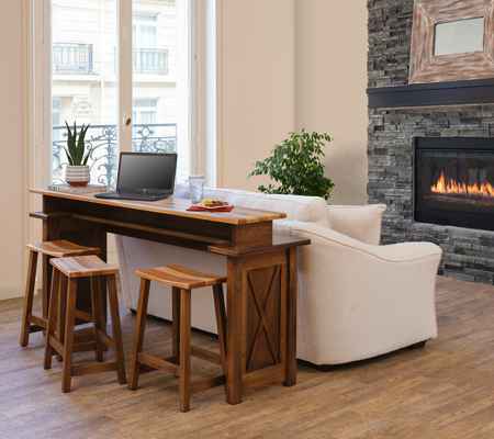 Sofa table with 3 stools, behind sofa and fireplace.