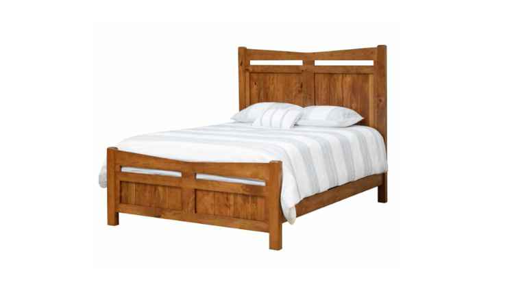 Bed with paneled headboard and foot board, medium wood finish.